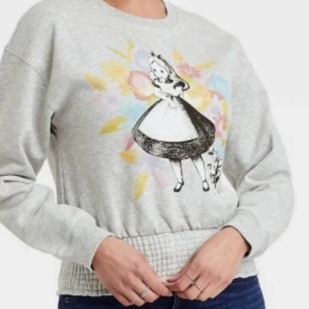 Alice-in-Wonderland gray crop sweatshirt elasticized waistband NWOT